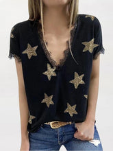 V-neck Short-sleeved Star Print Lace T-shirt Ins Street